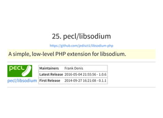 25. pecl/libsodium
https://github.com/jedisct1/libsodium-php
A simple, low-level PHP extension for libsodium.
Maintainers Frank Denis
Latest Release 2016-05-04 21:55:56 - 1.0.6
First Release 2014-09-27 16:21:08 - 0.1.1pecl/libsodium
 