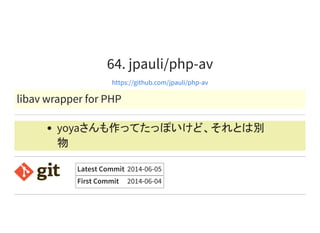 64. jpauli/php-av
https://github.com/jpauli/php-av
libav wrapper for PHP
yoyaさんも作ってたっぽいけど、それとは別
物
Latest Commit 2014-06-05
First Commit 2014-06-04
 