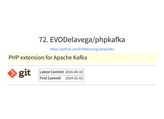 72. EVODelavega/phpkafka
https://github.com/EVODelavega/phpkafka
PHP extension for Apache Kafka
Latest Commit 2016-04-18
First Commit 2014-01-03
 