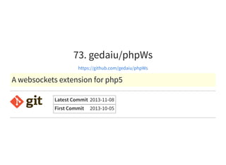 73. gedaiu/phpWs
https://github.com/gedaiu/phpWs
A websockets extension for php5
Latest Commit 2013-11-08
First Commit 2013-10-05
 