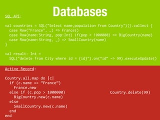 SQL API:                          Databases
val countries = SQL("Select name,population from Country")().collect {
  case Row("France", _) => France()
  case Row(name:String, pop:Int) if(pop > 1000000) => BigCountry(name)
  case Row(name:String, _) => SmallCountry(name)
}

val result: Int =
  SQL("delete from City where id = {id}").on(“id” -> 99).executeUpdate()

Active	
  Record:

Country.all.map	
  do	
  |c|
	
  	
  if	
  (c.name	
  ==	
  “France”)
	
  	
  	
  	
  France.new
	
  	
  else	
  if	
  (c.pop	
  >	
  1000000)    Country.delete(99)
	
  	
  	
  	
  BigCountry.new(c.name)
	
  	
  else
	
  	
  	
  	
  SmallCountry.new(c.name)
	
  	
  end
end
 