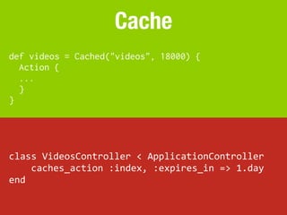 Cache
def videos = Cached("videos", 18000) {
  Action {
  ...
  }
}




class	
  VideosController	
  <	
  ApplicationController
	
  	
  	
  	
  caches_action	
  :index,	
  :expires_in	
  =>	
  1.day
end
 