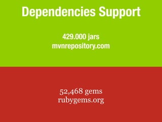 Dependencies Support
       429.000 jars
     mvnrepository.com




       52,468 gems
      rubygems.org
 