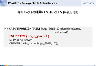 25Copyright © 2015 NTT DATA Corporation
FDW強化 - Foreign Table Inheritance -
外部テーブルで継承(INHERITS)が使用可能
=# CREATE FOREIGN TABLE hoge_2015_10 (date timestamp,
value text)
INHERITS (hoge_parent)
SERVER pg_server
OPTIONS(table_name ‘hoge_2015_10’);
 