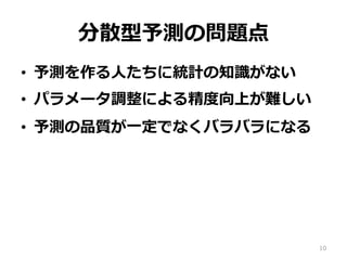 分散型予測の問題点
•  予測を作る⼈たちに統計の知識がない
•  パラメータ調整による精度向上が難しい
•  予測の品質が⼀定でなくバラバラになる
10
 