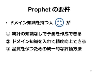 Prophet の要件
•  ドメイン知識を持つ⼈   が
①  統計の知識なしで予測を作成できる
②  ドメイン知識を⼊れて精度向上できる
③  品質を保つための統⼀的な評価⽅法
11
 