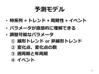 予測モデル
•  時系列 = トレンド + 周期性 + イベント
•  パラメータが直感的に理解できる
•  調整可能なパラメータ
①  線形トレンド or ⾮線形トレンド
②  変化点、変化点の数
③  週周期と年周期
④  イベント
30
 