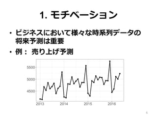 1. モチベーション
•  ビジネスにおいて様々な時系列データの
将来予測は重要
•  例： 売り上げ予測
6
 