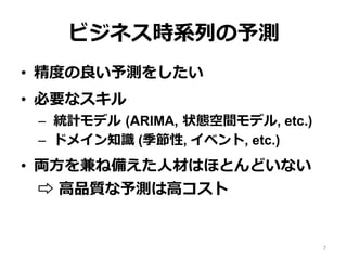 ビジネス時系列の予測
•  精度の良い予測をしたい
•  必要なスキル
–  統計モデル (ARIMA, 状態空間モデル, etc.)
–  ドメイン知識 (季節性, イベント, etc.)
•  両⽅を兼ね備えた⼈材はほとんどいない
⇨ ⾼品質な予測は⾼コスト
7
 