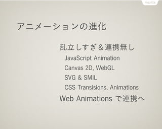 アニメーションの進化

    乱立しすぎ＆連携無し
     JavaScript Animation
     Canvas 2D, WebGL
     SVG & SMIL
     CSS Transisions, Animations
    Web Animations で連携へ
 