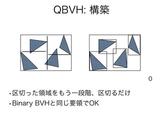 QBVH: 構築
•区切った領域をもう一段階、区切るだけ
•Binary BVHと同じ要領でOK
0
 