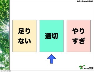 みなとRuby会議01




               足り        やり
                    適切
               ない        すぎ


                             株式会社万葉
2012年6月4日月曜日
 