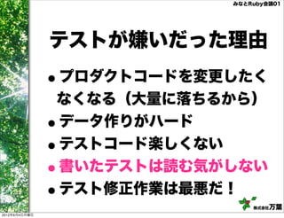 みなとRuby会議01




               テストが嫌いだった理由
               •
               プロダクトコードを変更したく
               なくなる（大量に落ちるから）
               •
               データ作りがハード
               •
               テストコード楽しくない
               •
               書いたテストは読む気がしない
               •
               テスト修正作業は最悪だ！
                              株式会社万葉
2012年6月4日月曜日
 