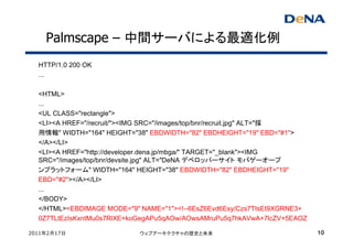 Palmscape – 中間サーバによる最適化例
  HTTP/1.0 200 OK
  ...

  <HTML>
  ...
  <UL CLASS="rectangle">
  <LI><A HREF="/recruit/"><IMG SRC="/images/top/bnr/recruit.jpg" ALT="採
  用情報" WIDTH="164" HEIGHT="38" EBDWIDTH="82" EBDHEIGHT="19" EBD="#1">
  </A></LI>
  <LI><A HREF="http://developer.dena.jp/mbga/" TARGET="_blank"><IMG
  SRC="/images/top/bnr/devsite.jpg" ALT="DeNA デベロッパーサイト モバゲーオープ
  ンプラットフォーム" WIDTH="164" HEIGHT="38" EBDWIDTH="82" EBDHEIGHT="19"
  EBD="#2"></A></LI>
  ...
  </BODY>
  </HTML><EBDIMAGE MODE="9" NAME="1"><!--6EsZ6Evd6Esy/Czs7TIsEt9XGRNE3+
  0Z7TLtEzIsKxntMu0s7RlXE+koGegAPu5qAOw/AOwsAMruPu5q7hkAVwA+7lcZV+5EAOZ

2011年2月17日                  ウェブアーキテクチャの歴史と未来                              10
 