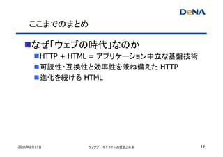 ここまでのまとめ

     なぜ「ウェブの時代」なのか
         HTTP + HTML = アプリケーション中立な基盤技術
         可読性・互換性と効率性を兼ね備えた HTTP
         進化を続ける HTML




2011年2月17日       ウェブアーキテクチャの歴史と未来        19
 