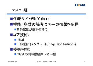 マスコミ期

     代表サイト例: Yahoo!
     機能: 多数の読者に同一の情報を配信
         静的配信が基本の時代
     コア技術:
         httpd
         一部差替 (テンプレート, Edge-side Includes)
     技術指標:
         httpd の同時接続数・バンド幅

2011年2月17日          ウェブアーキテクチャの歴史と未来         22
 