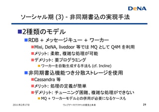 ソーシャル期 (3) - 非同期書込の実現手法

     2種類のモデル
         RDB + メッセージキュー + ワーカー
             Mixi, DeNA, livedoor 等では MQ として Q4M を利用
             メリット: 柔軟、複雑な処理が可能
             デメリット: 要プログラミング
               ワーカーを自動生成する手法も (cf. Incline)
         非同期書込機能つき分散ストレージを使用
             Cassandra 等
             メリット: 処理の定義が簡単
             デメリット: チューニング困難、複雑な処理ができない
               MQ + ワーカーモデルとの併用が必要になるケースも
2011年2月17日              ウェブアーキテクチャの歴史と未来               29
 