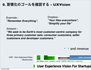 0. 習慣化のゴールを確認する - UXVision


      Evernote -                        Dropbox -
      “Remember Everything”.            “Your ﬁles everywhere”,
                                        “Simplify your life”
      Amazon -
      “We seek to be Earth’s most customer-centric company for
      three primary customer sets: consumer customers, seller
      customers and developer customers.”


                                                   ・・and revenue

         UXV - User Experience Vision
                       (TechCrunch)



12年4月9日月曜日
 