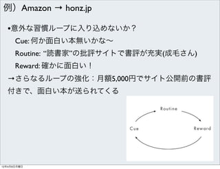 例）Amazon → honz.jp

  •意外な習慣ループに入り込めないか？
   Cue: 何か面白い本無いかな∼
   Routine: “読書家”の批評サイトで書評が充実(成毛さん)
   Reward: 確かに面白い！
  →さらなるループの強化：月額5,000円でサイト公開前の書評
  付きで、面白い本が送られてくる




12年4月9日月曜日
 