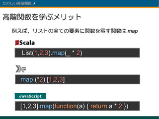 たのしい高階関数 λ 　



高階関数を学ぶメリット
  例えば、リストの全ての要素に関数を写す関数は map



      List(1,2,3).map(_ * 2)



     map (*2) [1,2,3]

     JavaScript

     [1,2,3].map(function(a) { return a * 2 })
 