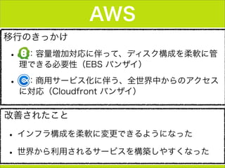 移行のきっかけ
•  ：容量増加対応に伴って、ディスク構成を柔軟に管
理できる必要性（EBS バンザイ）
•  ：商用サービス化に伴う、全世界中からのアクセス
に対応（Cloudfront バンザイ）
AWS
改善されたこと
• インフラ構成を柔軟に変更できるようになった
• 世界から利用されるサービスを構築しやすくなった
 