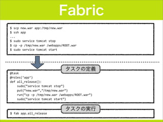 Fabric
@task
@roles(‘app’)
def	
  all_release():
	
  	
  	
  	
  sudo(“service	
  tomcat	
  stop”)
	
  	
  	
  	
  put(“new.war”,”/tmp/new.war”)
	
  	
  	
  	
  run(“cp	
  –p	
  /tmp/new.war	
  /webapps/ROOT.war”)
	
  	
  	
  	
  sudo(“service	
  tomcat	
  start”)
$	
  fab	
  app.all_release
$	
  scp	
  new.war	
  app:/tmp/new.war
$	
  ssh	
  app
...
$	
  sudo	
  service	
  tomcat	
  stop
$	
  cp	
  –p	
  /tmp/new.war	
  /webapps/ROOT.war
$	
  sudo	
  service	
  tomcat	
  start
タスクの定義
タスクの実行
 