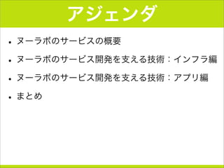 アジェンダ
• ヌーラボのサービスの概要
• ヌーラボのサービス開発を支える技術：インフラ編
• ヌーラボのサービス開発を支える技術：アプリ編
• まとめ
 