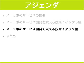 アジェンダ
• ヌーラボのサービスの概要
• ヌーラボのサービス開発を支える技術：インフラ編
•ヌーラボのサービス開発を支える技術：アプリ編
• まとめ
 