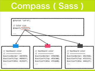 Compass ( Sass )
//	
  Dashboard	
  color
//	
  ===============
$sectionBorder:	
  #4E99F0;
$sectionTtlTop:	
  #4D9EFF;
$sectionTtlBtm:	
  #1392FF;
...
@charset	
  "utf-­‐8";
//	
  Color	
  List
@import	
  "colors";
...
//	
  Dashboard	
  color
//	
  ===============
$sectionBorder:	
  #923944;
$sectionTtlTop:	
  #333333;
$sectionTtlBtm:	
  #4411FF;
...
//	
  Dashboard	
  color
//	
  ===============
$sectionBorder:	
  #7DA700;
$sectionTtlTop:	
  #93C400;
$sectionTtlBtm:	
  #7CA600;
...
 