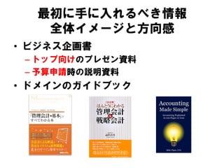 最初に手に入れるべき情報
全体イメージと方向感
• ビジネス企画書
– トップ向けのプレゼン資料
– 予算申請時の説明資料
• ドメインのガイドブック
 