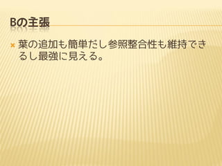 Bの主張


葉の追加も簡単だし参照整合性も維持でき
るし最強に見える。

 