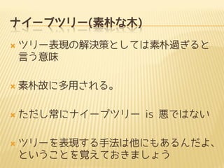 ナイーブツリー(素朴な木)


ツリー表現の解決策としては素朴過ぎると
言う意味



素朴故に多用される。



ただし常にナイーブツリー is 悪ではない



ツリーを表現する手法は他にもあるんだよ、
ということを覚えておきましょう

 