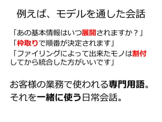 例えば、モデルを通した会話
「あの基本情報はいつ展開されますか？」
「枠取りで順番が決定されます」
「ファイリングによって出来たモノは割付
してから統合した方がいいです」

お客様の業務で使われる専門用語。
それを一緒に使う日常会話。

 