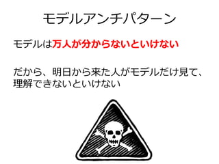 モデルアンチパターン
モデルは万人が分からないといけない
だから、明日から来た人がモデルだけ見て、
理解できないといけない

 