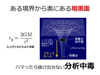 ある境界から奥にある暗黒面

シュヴァルツシルト半径

分析中毒

ハマったら抜け出せない

 