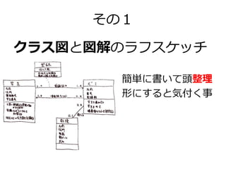 その１
クラス図と図解のラフスケッチ
簡単に書いて頭整理
形にすると気付く事

 