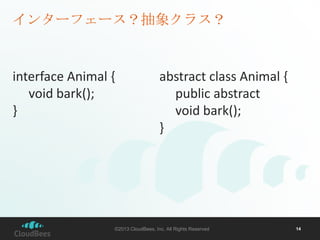 インターフェース？抽象クラス？

interface Animal {
void bark();
}

abstract class Animal {
public abstract
void bark();
}

©2013 CloudBees, Inc. All Rights Reserved

14

 