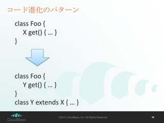 コード進化のパターン
class Foo {
X get() { … }
}

class Foo {
Y get() { … }
}
class Y extends X { … }
©2013 CloudBees, Inc. All Rights Reserved

36

 