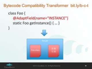 Bytecode Compatibility Transformer bit.ly/b-c-t
class Foo {
@AdaptField(name=“INSTANCE”)
static Foo getInstance() { … }
}
foo.jar

Foo.class

変換
定義

©2013 CloudBees, Inc. All Rights Reserved

50

 