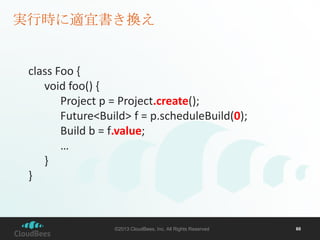 実行時に適宜書き換え

class Foo {
void foo() {
Project p = Project.create();
Future<Build> f = p.scheduleBuild(0);
Build b = f.value;
…
}
}

©2013 CloudBees, Inc. All Rights Reserved

60

 