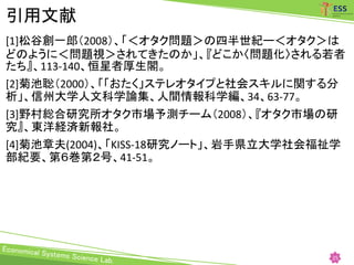 引用文献
[1]松谷創一郎（2008）、「＜オタク問題＞の四半世紀ー＜オタク＞は
どのように＜問題視＞されてきたのか」、『どこか〈問題化〉される若者
たち』、113-140、恒星者厚生閣。
[2]菊池聡（2000）、「「おたく」ステレオタイプと社会スキルに関する分
析」、信州大学人文科学論集、人間情報科学編、34、63-77。
[3]野村総合研究所オタク市場予測チーム（2008）、『オタク市場の研
究』、東洋経済新報社。
[4]菊池章夫(2004)、「KISS-18研究ノート」、岩手県立大学社会福祉学
部紀要、第６巻第２号、41-51。
25
 