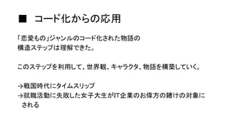 ■ コード化からの応用
「恋愛もの」ジャンルのコード化された物語の
構造ステップは理解できた。
このステップを利用して、世界観、キャラクタ、物語を構築していく。
→戦国時代にタイムスリップ
→就職活動に失敗した女子大生がＩＴ企業のお偉方の賭けの対象に
される
 