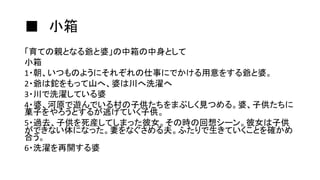 ■ 小箱
「育ての親となる爺と婆」の中箱の中身として
小箱
1・朝、いつものようにそれぞれの仕事にでかける用意をする爺と婆。
2・爺は鉈をもって山へ、婆は川へ洗濯へ
3・川で洗濯している婆
4・婆、河原で遊んでいる村の子供たちをまぶしく見つめる。婆、子供たちに
菓子をやろうとするが逃げていく子供。
5・過去、子供を死産してしまった彼女。その時の回想シーン。彼女は子供
ができない体になった。妻をなぐさめる夫。ふたりで生きていくことを確かめ
合う。
6・洗濯を再開する婆
 