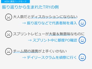 振り返りから⽣まれたTRYの例
⼤⼈数だとディスカッションにならない
→ 振り返りなどで代表者制を導⼊
スプリントレビューが⼤量＆無意味なものに
→ スプリント中に都度PO確認
チーム間の連携が上⼿くいかない
→ デイリースクラムを偵察に⾏く
#004 運営ハードモード
 