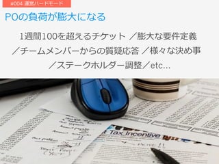 POの負荷が膨⼤になる
／ステークホルダー調整／etc…
1週間100を超えるチケット ／膨⼤な要件定義
／チームメンバーからの質疑応答 ／様々な決め事
#004 運営ハードモード
 