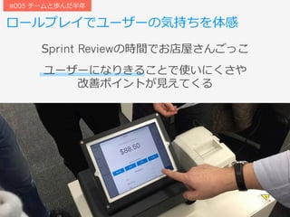 ユーザーになりきることで使いにくさや
改善ポイントが⾒えてくる
ロールプレイでユーザーの気持ちを体感
#005 チームと歩んだ半年
Sprint Reviewの時間でお店屋さんごっこ
 