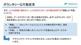 ボランタリーな行動変革
● 「規範」　→　コミュニケーションによって人々の物の見方や考え、信念　　　　　　　
などを変える
● 「市場」　→　特定の行動へのインセンティブを埋め込んだサービスや　　　　　　　　
仕掛けを作る
まず、人々の意識に働きかけ、人々のボランタリーな行動を変革する「規範」と「市場」
について。
法律と、アーキテクチャ（の一部）は強制力を持ち、必ずしもボランタリーな行
動を前提としないので、別に分けて検討します。
デザインやマーケティングの考え方は、このような場合にも活用されて
います。
 