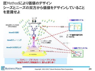 Copyright 2013-2017 Takumi Business Place Corporation.
匠Methodにより価値のデザイン
シーズとニーズの双方から価値をデザインしていること
を意識せよ
24
 