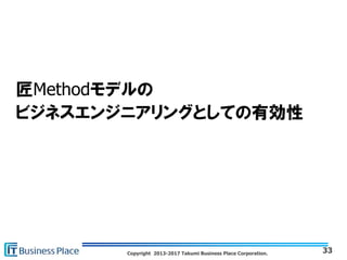 Copyright 2013-2017 Takumi Business Place Corporation.
匠Methodモデルの
ビジネスエンジニアリングとしての有効性
33
 