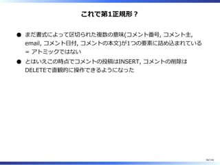 これで第1正規形︖
まだ書式によって区切られた複数の意味(コメント番号, コメント主,
email, コメント⽇付, コメントの本⽂)が1つの要素に詰め込まれている
= アトミックではない
とはいえこの時点でコメントの投稿はINSERT, コメントの削除は
DELETEで直観的に操作できるようになった
56/144
 